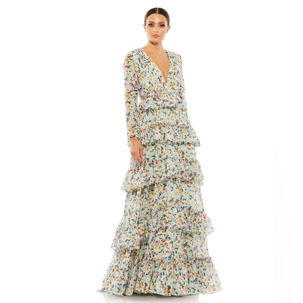 IEENA MAC DUGGAL Floral Printed Tiered Ruffle Long Sleeve gown 4 NWT